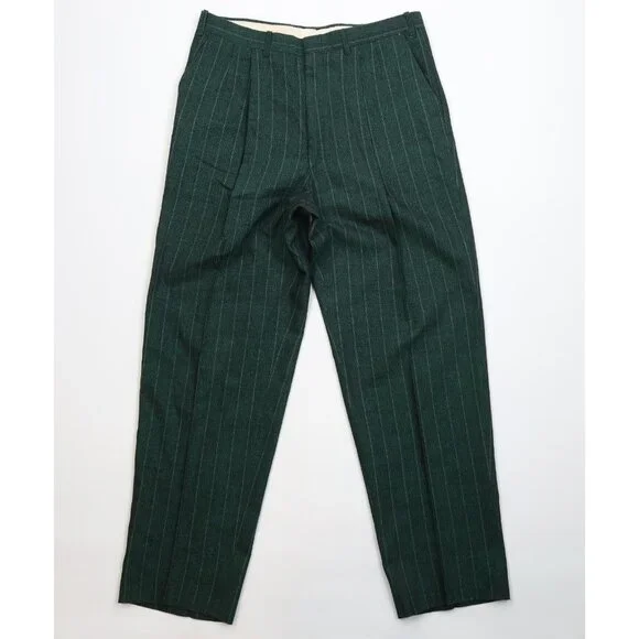 Vtg 70s 80s Mens 44L 2 Piece Wool Striped Double Breasted Suit Green 34x32 USA - Picture 12 of 16